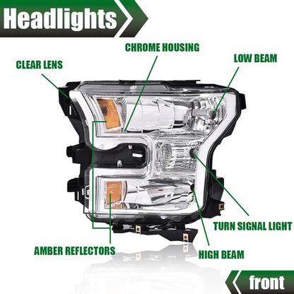 Solid Spare Chrome Headlights Amber Corner Headlamp For 2015-2017 Ford F150 F-150 Left+Right