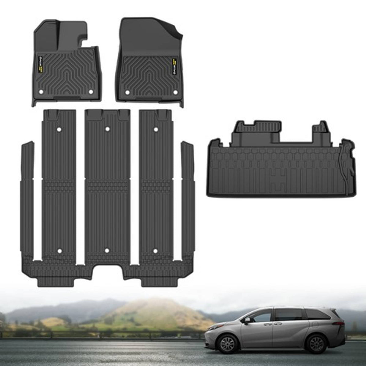 Solid Spare TPE Floor Mats + Cargo Liner Fit For 2021-2025 Toyota Sienna 7 Seat All Weather