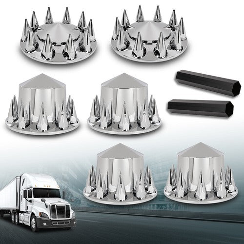 Solid Spare Chrome Hub Cover Kit 33mm Front & Rear Semi Truck Wheel Axle Covers Spiked