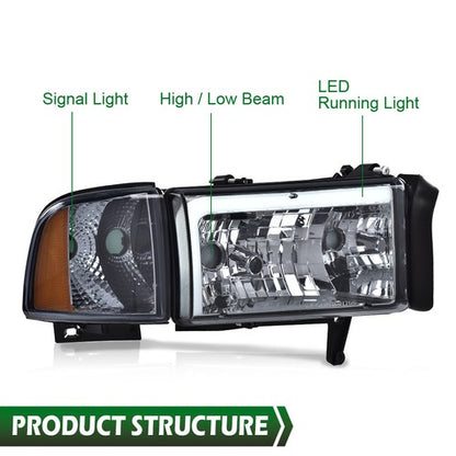 Solid Spare Fit For 1994-2002 Dodge Ram 1500 2500 3500 Smoke/Amber LED Tube Headlights