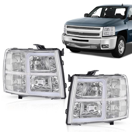 Solid Spare Fit For 2007-2013 Chevy Silverado LED DRL Tube Headlights Headlamps Chrome/Clear