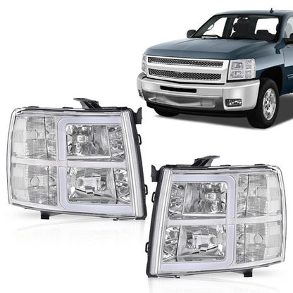 Solid Spare Fit For 2007-2013 Chevy Silverado LED DRL Tube Headlights Headlamps Chrome/Clear