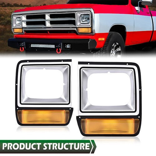 Solid Spare Pair Headlight Bezel Trim w/ Parking Turn Signal Light Fit For Dodge D/W Truck