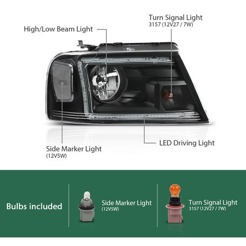 Solid Spare Fit For 2004-2008 Ford F150 Lincoln Mark LT LED DRL Headlights Assembly Black