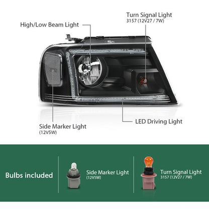 Solid Spare Fit For 2004-2008 Ford F150 Lincoln Mark LT LED DRL Headlights Assembly Black