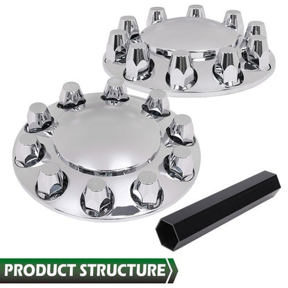 Solid Spare Silver Front Axle Wheel Cover with Hub Cap 33mm Lug Nuts For Semi Truck Set of 2