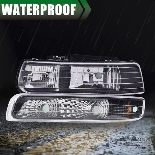 Solid Spare Fit For 99-02 Chevy Silverado/00-06 Suburban Black Clear Headlights + Fog Lights