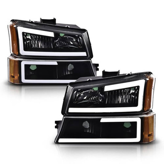 Solid Spare Fit For 03-07 Chevy Silverado Avalanche Amber/Black LED DRL Headlights