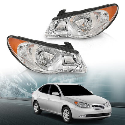 Solid Spare Fit For 2007-2010 Hyundai Elantra Clear Chrome Headlights Assembly Left+Right