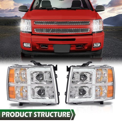 Solid Spare Fit For 07-14 Silverado 1500 2500 3500 Amber Chrome LED Projector Headlights