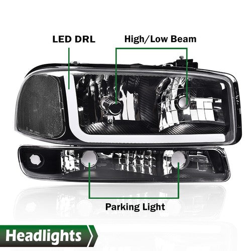 Solid Spare LED DRL Clear Black Headlights+Bumper Lamps Fit For 1999-2007 GMC Sierra/Yukon