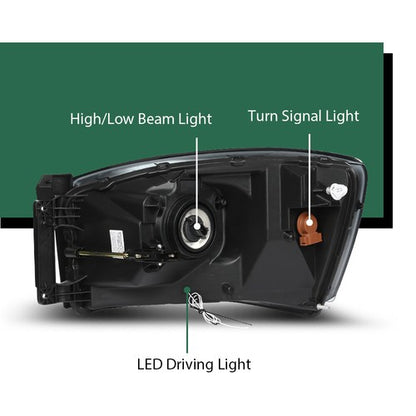 Solid Spare Black/Smoke LED DRL Headlights Headlamps Fit For 06-09 Dodge Ram 1500 2500 3500