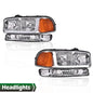 Solid Spare LED DRL Chrome Amber Headlights+Bumper Lamps Fit For 1999-2007 GMC Sierra/Yukon
