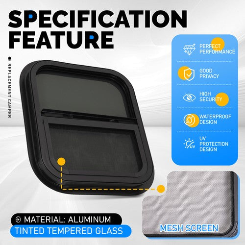 Solid Spare Vertical Slider 14"x16" Aluminum RV Window w/ Trim Ring Tempered Glass Camper