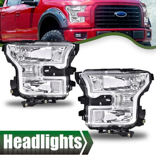 Solid Spare Fit For 15-17 Ford F-150 Chrome Housing Clear Corner Headlights Headlamps LH RH