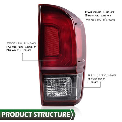 Solid Spare Fit For 16-2022 Toyota Tacoma Red/Black Rear Tail Lights Brake Lamps Left+Right