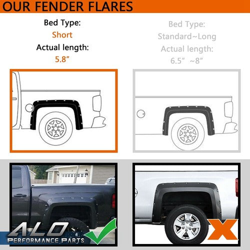 Solid Spare Pocket Rivet Style Fender Flares Fit For 2014-2018 Silverado 1500 5.8' Short Bed