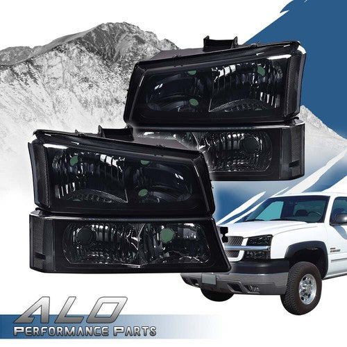 Solid Spare Smoked Clear Corner Headlights+Signal Bumper Lamp Fit For 03-07 Chevy Silverado
