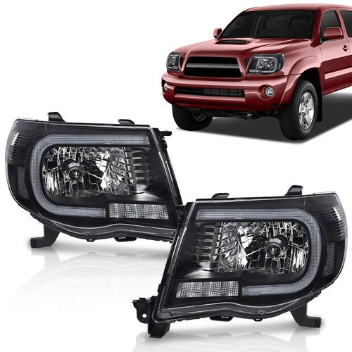 Solid Spare Fit For 2005-2011 Toyota Tacoma Black LED Tube DRL Headlights Headlamps Pair