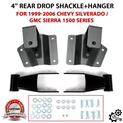 Solid Spare 4'' Drop Kit Shackles&Hangers For 99-2005 2006 Chevy Silverado/GMC Sierra 1500