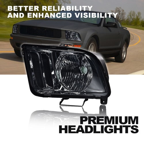 Solid Spare Fit For 2005 2006 2007 2008 2009 Ford Mustang Headlight HeadLamps Smoked/Black