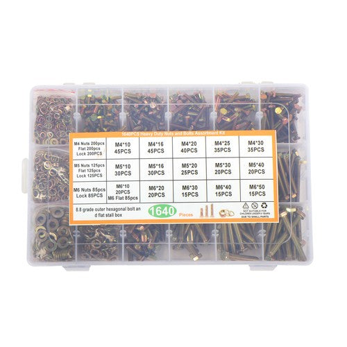 Solid Spare 1640Pack M4 M5 M6 Stainless Steel Nuts Flat and Bolts & Lock Washers Sorting Kit
