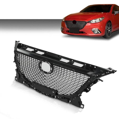 Solid Spare Fit For 14-16 Mazda 3 Front Bumper Upper Diamond Grille Grill Black Chrome
