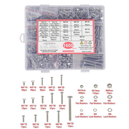 Solid Spare 1600Pack M4 M5 M6 Heavy Duty Nuts Flat and Bolts & Lock Washers Assortment Kit