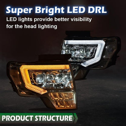 Solid Spare Fit For 09-14 Ford F-150 Dual LED Projector Chrome Headlights Left+Right