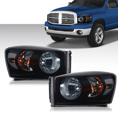 Solid Spare Fit For 06-09 Dodge Ram 1500 2500 3500 Smoke Black Headlights Headlamps