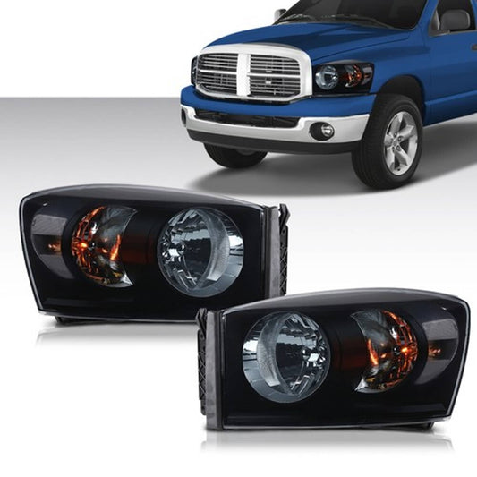 Solid Spare Fit For 06-09 Dodge Ram 1500 2500 3500 Smoke Black Headlights Headlamps
