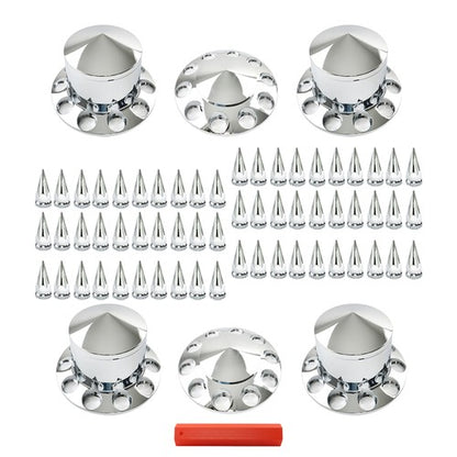 Solid Spare Chrome Hub Cover Kit 33mm Rear & Front for Semi Truck Wheel Axle Covers Spiked