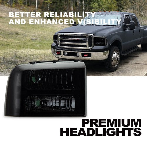 Solid Spare Fit For 2005-2007 Ford F250 F350 Super Duty Clear Corner Smoked Headlights