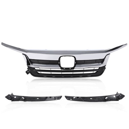 Solid Spare Fit For 19-21 Honda Pilot Front Bumper Upper Grille Grill w/ Chrome Trim