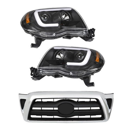 Solid Spare Pair Headlights Front Grille Chrome Shell W/Black Insert For 05-11 Toyota Tacoma