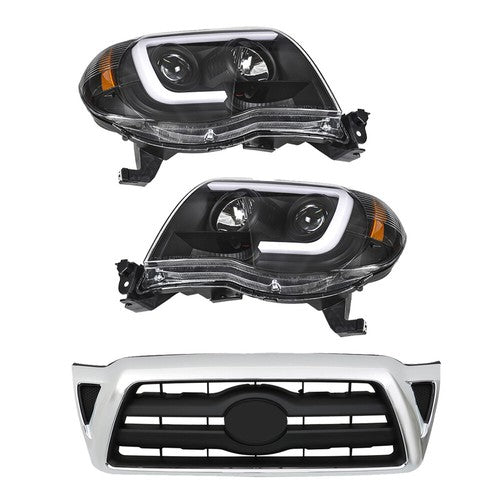 Solid Spare Pair Headlights Front Grille Chrome Shell W/Black Insert For 05-11 Toyota Tacoma