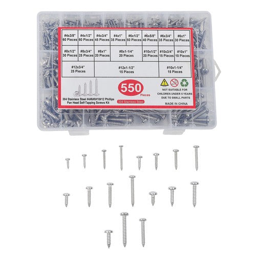 Solid Spare 550Pcs 304 stainless steel wood screws kits #4 #6 #8 #10 #12 countersunk Silver