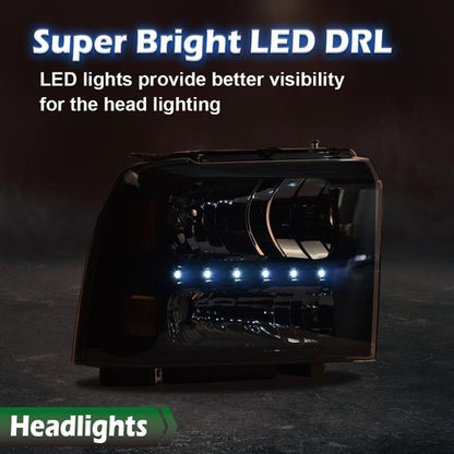 Solid Spare Smoke Lens LED DRL Headlights Fit For 05-07 Ford F250 F350 F450 F550 Super Duty