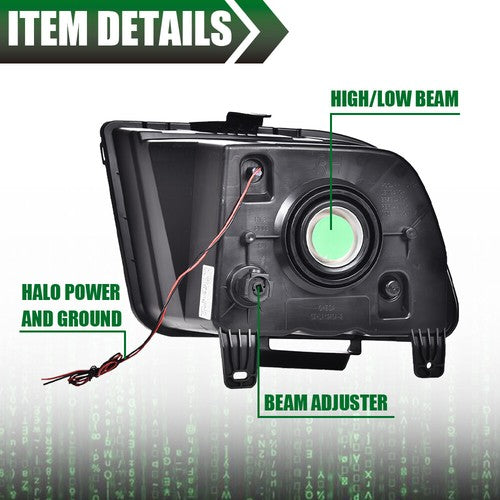 Solid Spare LED DRL Halo Headlights Assembly Fit For 2005-2009 Ford Mustang Black Headlamps