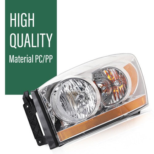 Solid Spare Fit For 06-2008 Dodge Ram 1500/06-09 Ram 2500 3500 Amber Chrome Headlight Left
