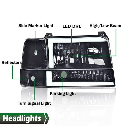 Solid Spare FIT FOR 92-96 FORD F150 F250 F350 LED DRL BLACK HEADLIGHT CORNER/BUMPER