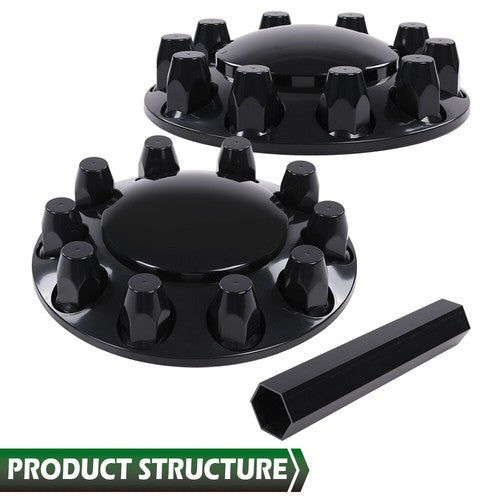 Solid Spare Black Front Axle Wheel Cover w/ Hub Cap 33mm Lug Nuts For Semi Truck Set of 2