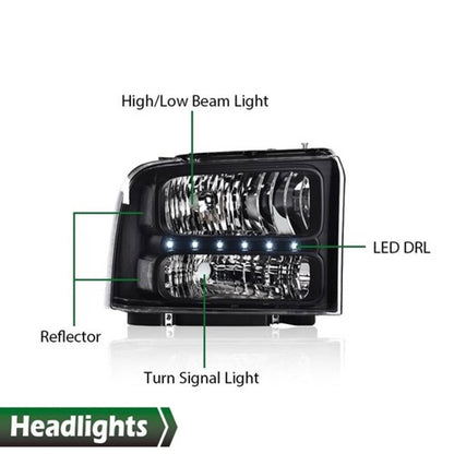 Solid Spare Fit For 05-07 Ford F250 F350 F450 F550 Super Duty Clear/Black LED DRL Headlights