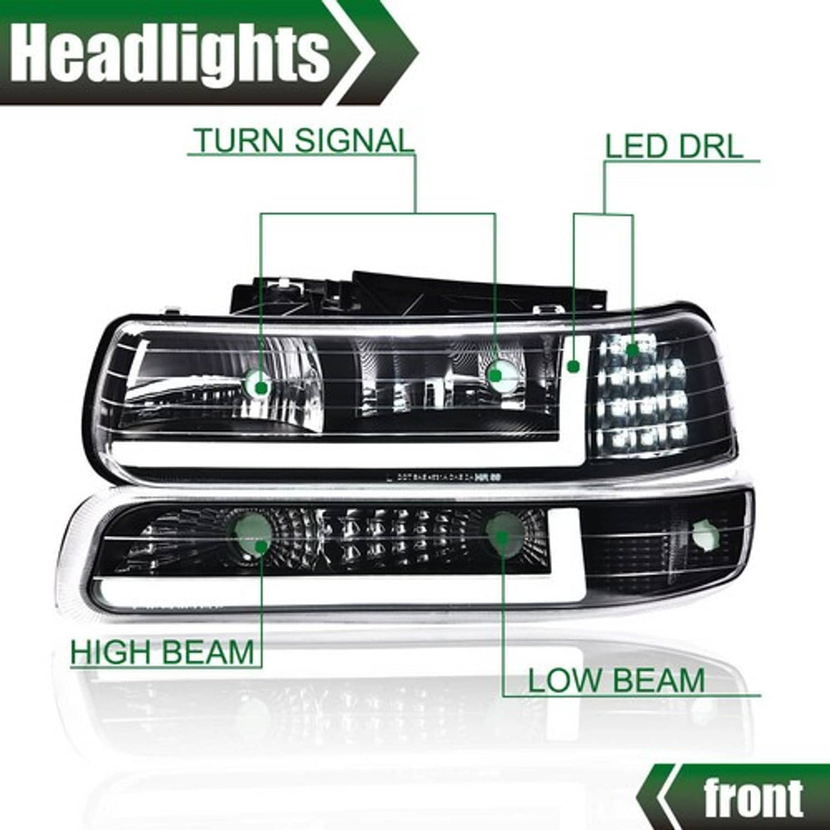 Solid Spare Fit For 99-02 Chevy Silverado 00-06 Tahoe LED DRL Headlights Bumper Lamps Black