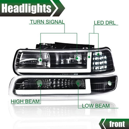 Solid Spare Fit For 99-02 Chevy Silverado 00-06 Tahoe LED DRL Headlights Bumper Lamps Black