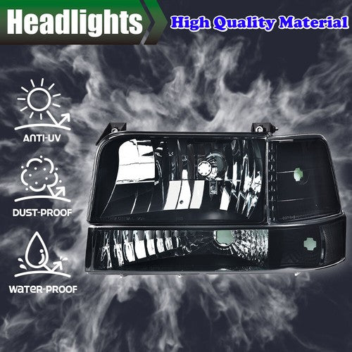 Solid Spare Smoke Lens Chrome Headlights Bumper Lamps Fit For 92-96 F150 F250 F350 Bronco