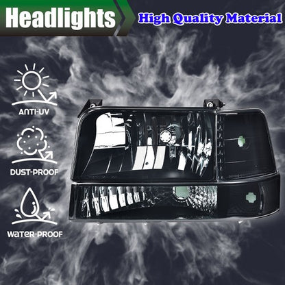 Solid Spare Smoke Lens Chrome Headlights Bumper Lamps Fit For 92-96 F150 F250 F350 Bronco
