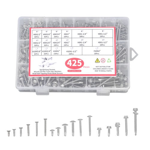 Solid Spare 410 Stainless Steel Self Tapping Screws for Metal, 425PCS #8#10 Assortment Set