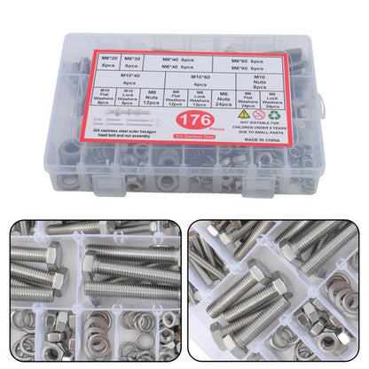 Solid Spare 176 Pack Stainless Steel M6 M8 M10 Bolts and Nuts Flat Washers Combination Kit