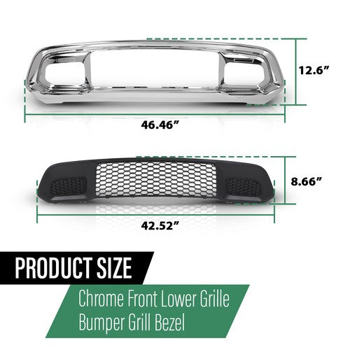 Solid Spare Front Lower Grille & Bumper Grill Bezel Chrome Fit For 17-22 Jeep Grand Cherokee